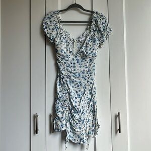 Women's Milkmaid White and Blue Floral dress - Size Medium